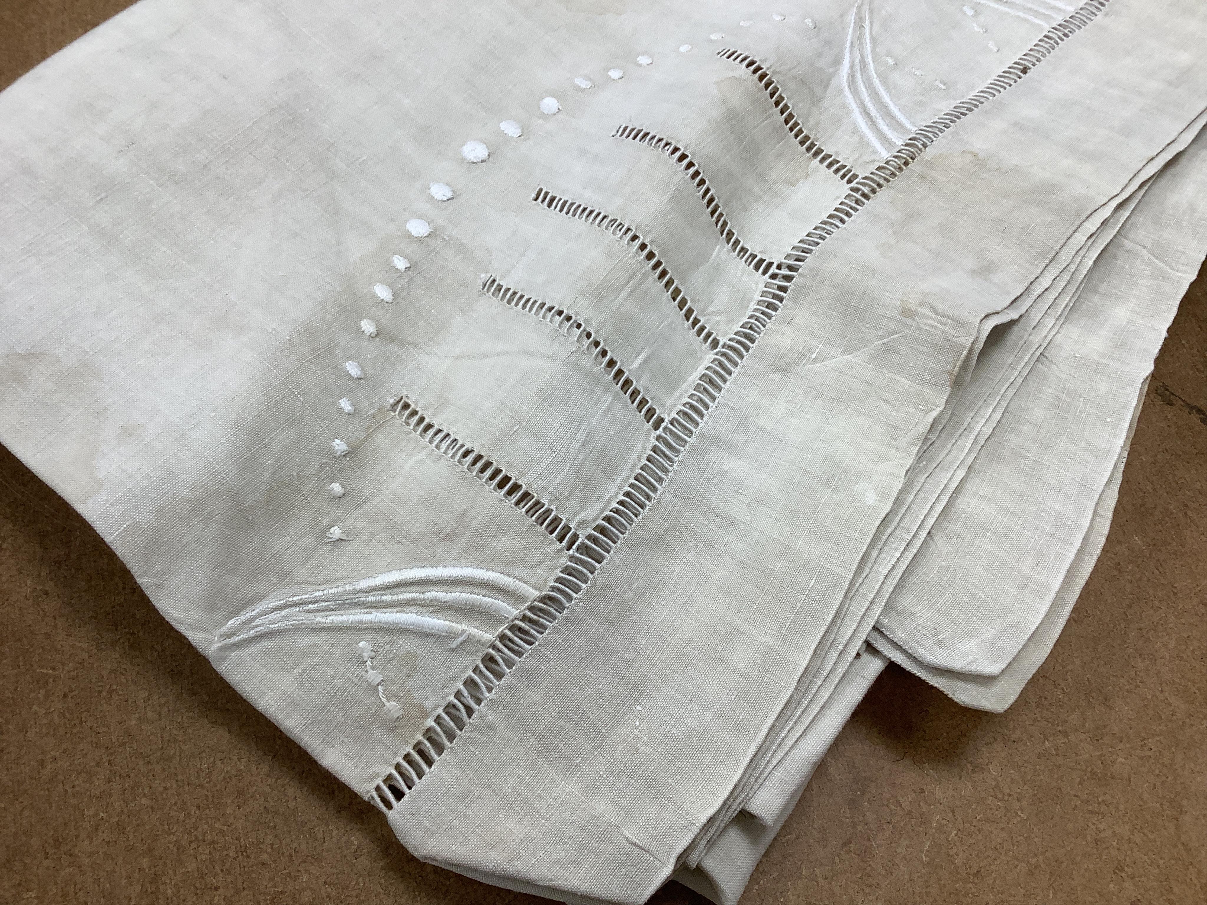 Three French linen sheets with embroidered turn backs